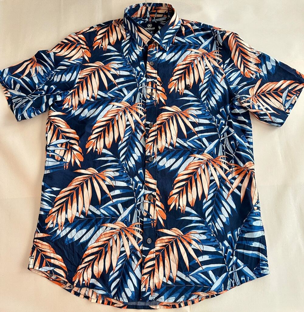 LERROS Men's Medium Tropical Hawaiian Palm Leaf Button Up Shirt Blue Orange M